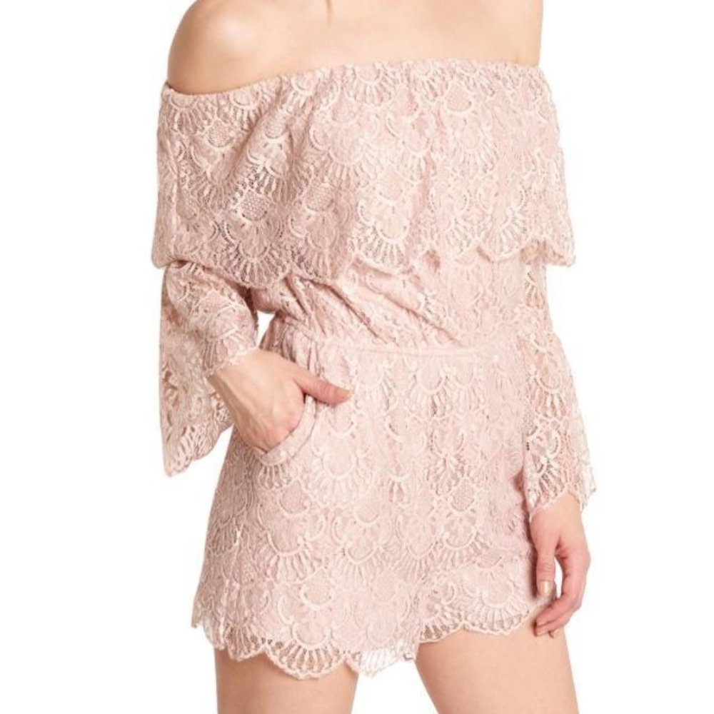 BB Dakota Dusty Pink Off the Shoulder Lace Romper, Large